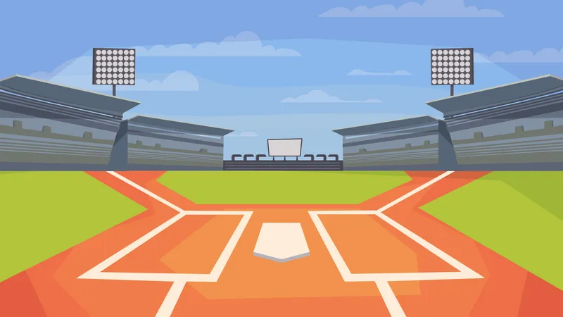 Baseball Stadium View Banner In Flat Cartoon Design Sports Center Field For Game Base Spotlights Stands With Seats For Spectators Competitions Concept Vector Illustration Of Web Background Illustration