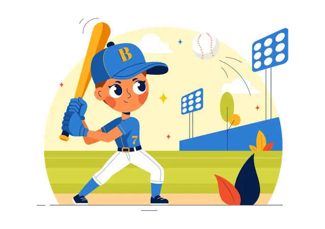 野球少年が野球クリケットをプレーする  イラスト