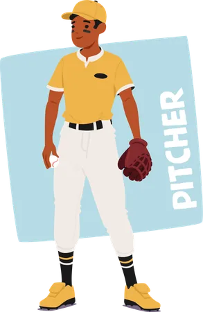 Baseball-Werfer in einer gelben Uniform steht bereit, den Ball zu werfen  Illustration