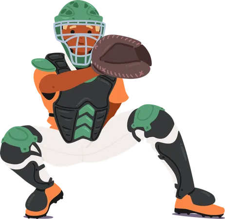 Baseball Player Catcher Cartoon Character In Full Protective Gear Poised And Ready To Catch Ball  Illustration