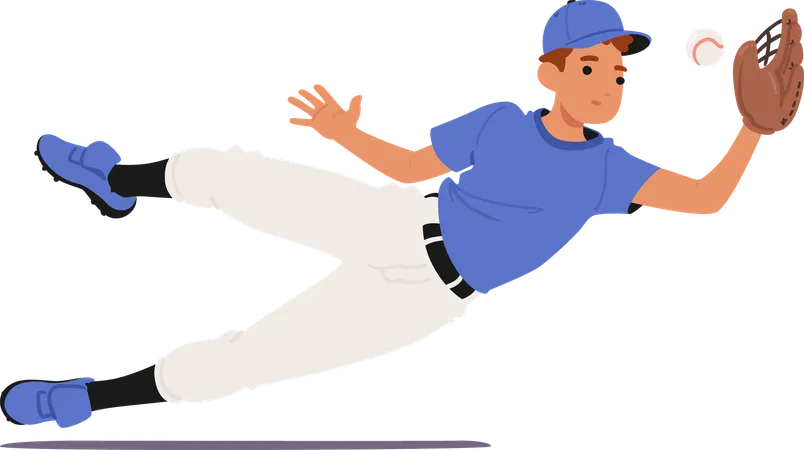 Baseball Player In Action Diving To Catch Ball With His Glove  Illustration