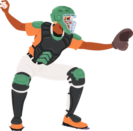 Baseball Player In Action Dressed In Full Protective Gear  Illustration