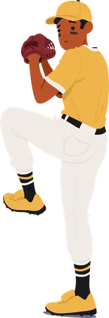 Baseball Player In Yellow Uniform Preparing To Pitch Ball  Illustration