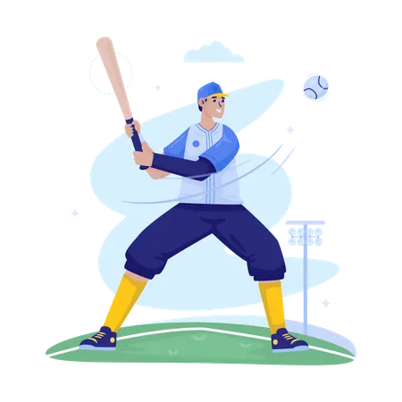 Flat Design Of A Man Playing Baseball In Action Illustration