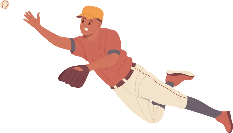 Baseball Player Cartoon Character In Uniform And Glove Catching Ball Jumping In Air Isolated On White Background Strong Man Athlete Team Catcher Playing American Sports Game Match Vector Illustration Illustration