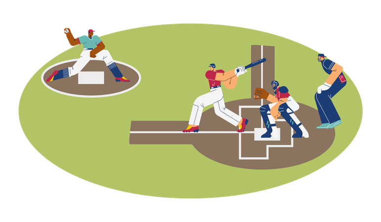 Baseballspieler auf dem Feld beim Baseball-Cricketspielen  Illustration