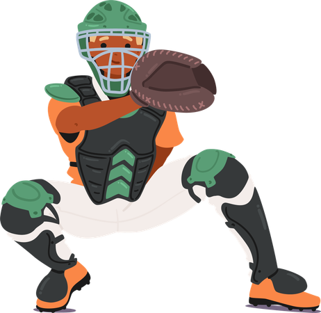 Baseball-Spieler-Catcher-Cartoon-Figur in voller Schutzausrüstung bereit und bereit, den Ball zu fangen  Illustration