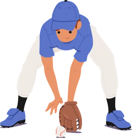 Baseball-Spieler-Fielder-Charakter in Aktion, der den Groundball fängt, während er einen Handschuh trägt  Illustration