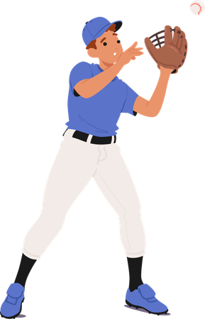 Baseball-Spieler-Fielder-Charakter in blauer Uniform konzentriert sich darauf, den Ball mit seinem Handschuh zu fangen  Illustration