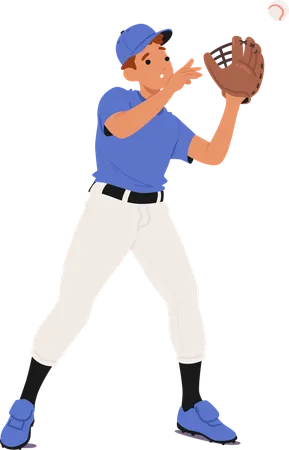 Baseball-Spieler-Fielder-Charakter in blauer Uniform konzentriert sich darauf, den Ball mit seinem Handschuh zu fangen  Illustration