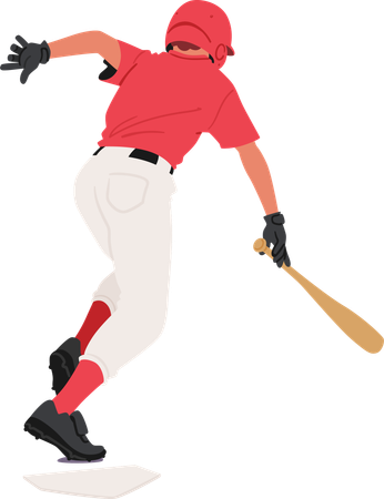 Baseballspieler-Figur im roten Trikot und in der weißen Hose schwingt den Schläger, nachdem er den Ball geschlagen hat  Illustration