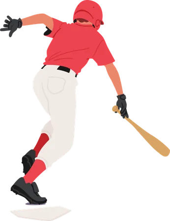 Baseballspieler-Figur im roten Trikot und in der weißen Hose schwingt den Schläger, nachdem er den Ball geschlagen hat  Illustration