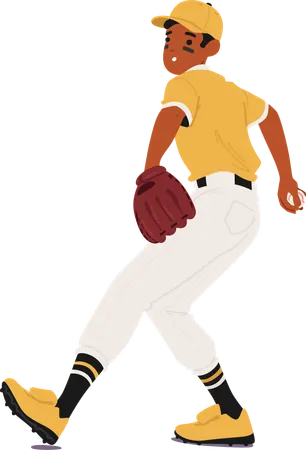 Baseball-Spieler in der Mitte des Spielfeldes mit Konzentration und Entschlossenheit  Illustration