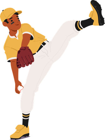 Männlicher Baseballspieler in gelb-weißer Uniform mit Pitching Ball und konzentriertem Gesichtsausdruck  Illustration