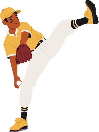 Männlicher Baseballspieler in gelb-weißer Uniform mit Pitching Ball und konzentriertem Gesichtsausdruck  Illustration