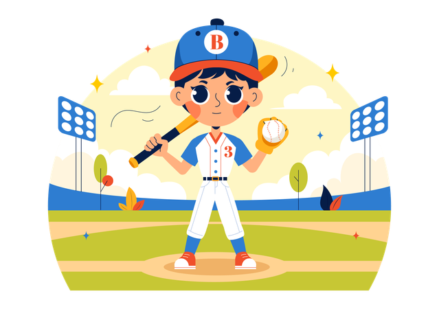 Baseball-Spieler steht mit Baseballschläger und Ball  Illustration