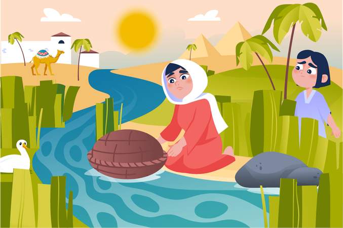 Basket on river bank  Illustration