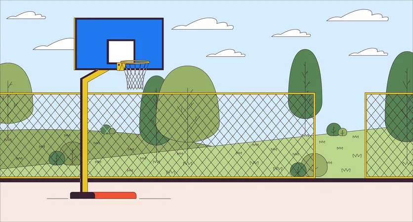 Basketball Court Cartoon Flat Illustration Team Ball Game Urban Sportsground With Equipment 2 D Line Landscape Colorful Background City Park With Sports Field Scene Vector Storytelling Image Illustration