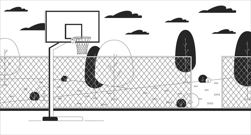Basketball Court Black And White Line Illustration Team Ball Game Urban Sportsground With Equipment 2 D Landscape Monochrome Background City Park With Sports Field Outline Scene Vector Image Illustration