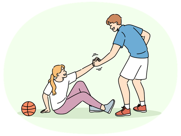 Basketball-Kaviar hilft gestürztem Mädchen wieder aufzustehen und zeigt Teamsolidarität mit verletzter Gegnerin  Illustration