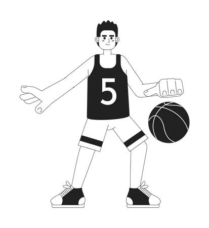 Basketball Player Monochromatic Flat Vector Character African American Sportsman Dribbling With Ball Editable Thin Line Full Body Person On White Simple Bw Cartoon Spot Image For Web Graphic Design Illustration