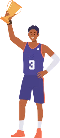Basketball player holding golden trophy cup over head  Illustration