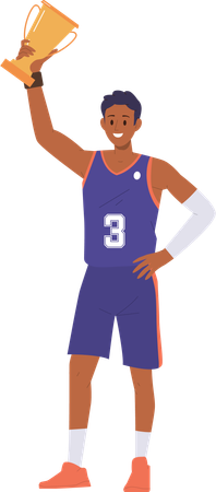 Basketball player holding golden trophy cup over head  Illustration