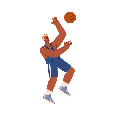 Basketball player man jumping to catch the ball, black sportsman enjoy the game, cartoon sport vector illustration  Illustration