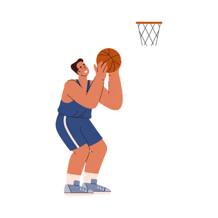 Basketball player man little sat down to throw ball into ring  Illustration