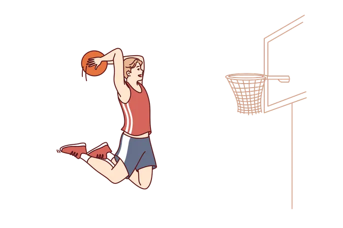 Professional Basketball Player Bounces With Ball In Hands To Score Goal In Hoop And Defeat Opposing Team Man Basketball Player Trains Wanting To Become Champion And Participate In Competitions Illustration