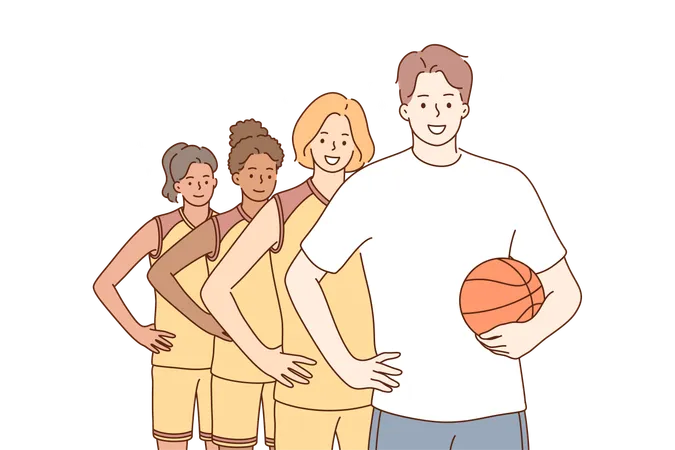 Teamwork Sport Basketball Portrait Concept Team Of Young Happy Smiling Multiethnic Women Girls Students Teenagers Players Atheltes Standing Together With Man Guy Coach Character Looking At Camera 일러스트레이션