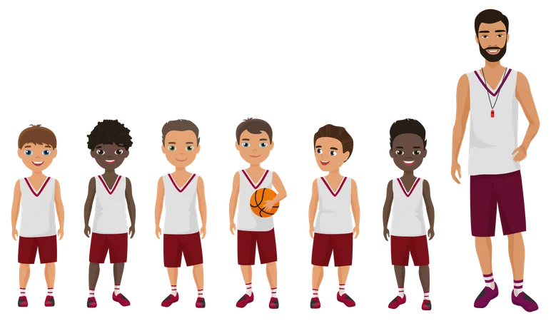 Basketball team with coach  Illustration