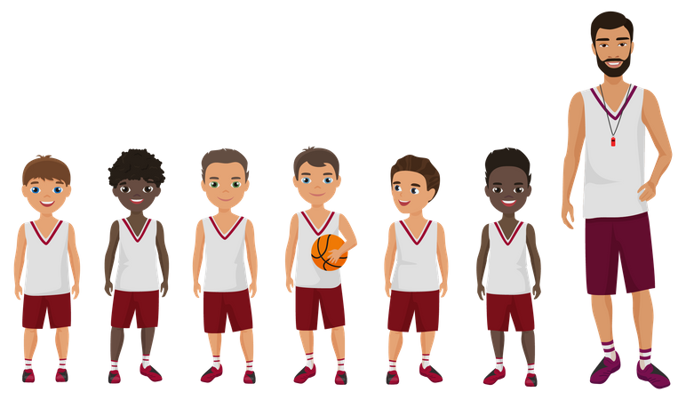 Basketball team with coach  Illustration