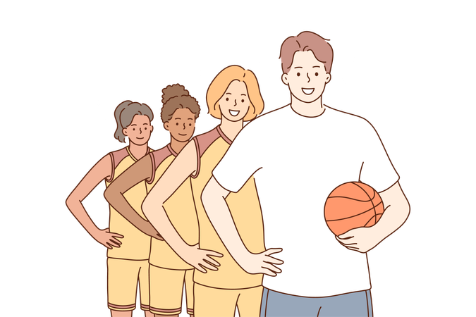 Basketball team with coach  Illustration