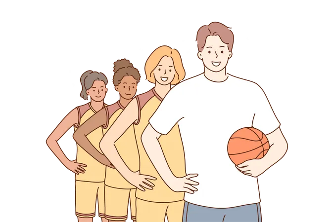 Basketball team with coach  Illustration