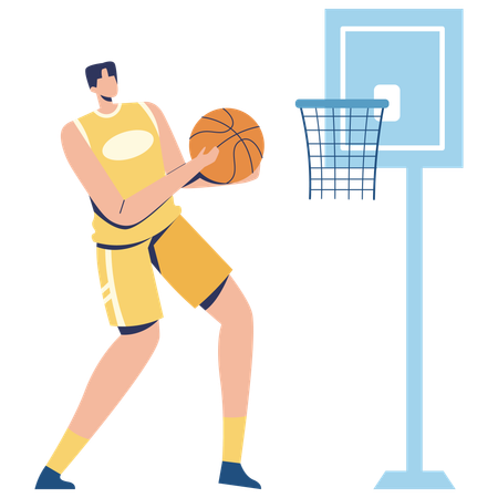 Basketballspieler trifft mit einem Basketball auf ein Tor  Illustration