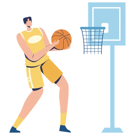 Basketballspieler trifft mit einem Basketball auf ein Tor  Illustration