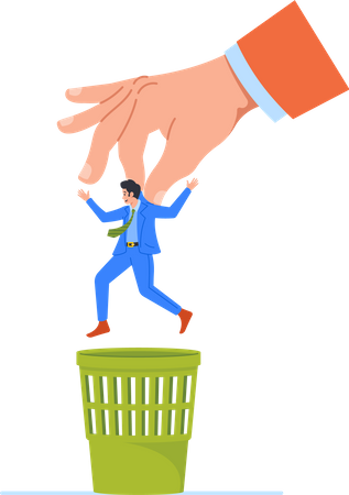 Personaje masculino del personal arrojando la mano a la basura  Ilustración