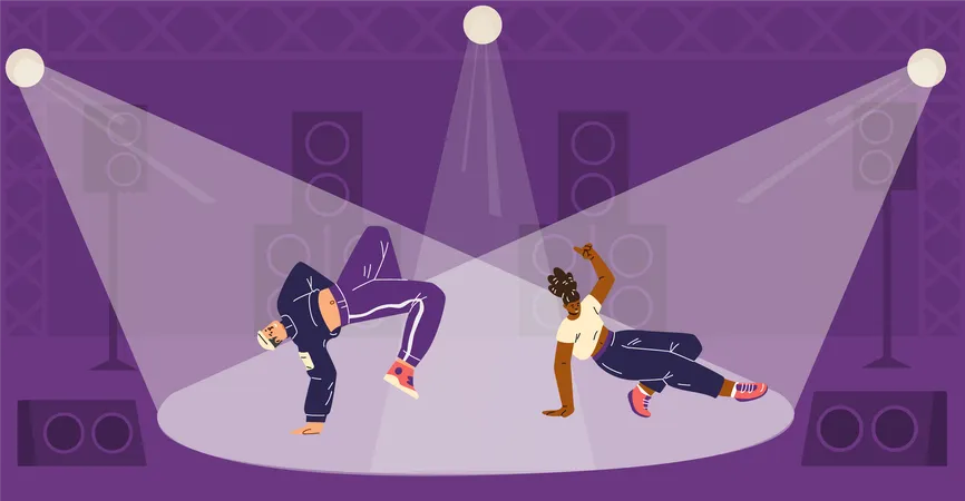 Bataille de danseurs de breakdance énergique avec musique forte et projecteurs  Illustration