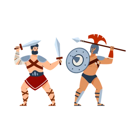 Batalha de antigos gladiadores gregos e romanos  Ilustração