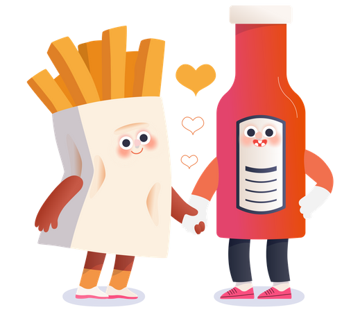 Batata frita e garrafa de ketchup apaixonada  Ilustração