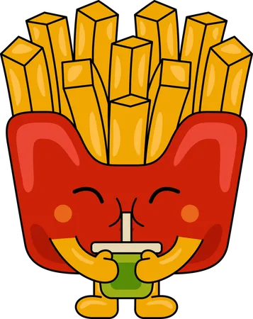 Mascote batata frita bebendo suco  Ilustração