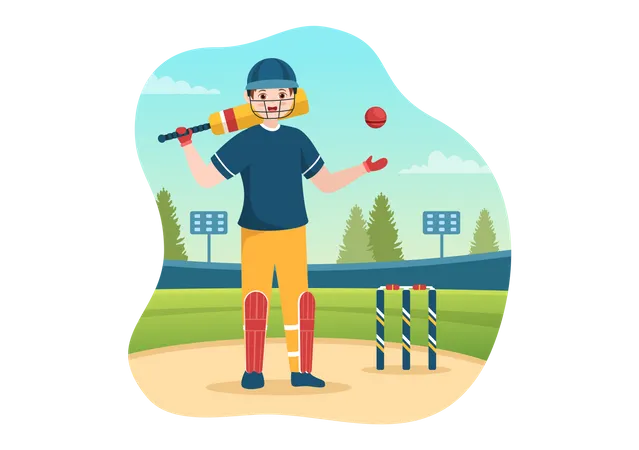 Batedor de críquete com taco e bola  Ilustração