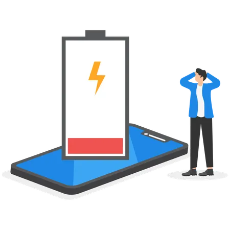 Batería baja en la pantalla del teléfono inteligente y empresarios con inscripción atención batería baja  Ilustración