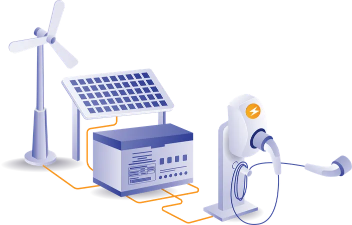 Batería de almacenamiento de energía de panel solar con tecnología de cargador de coche eléctrico  Ilustración