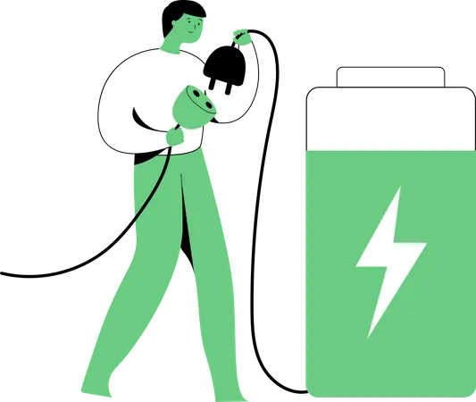 Bateria Enorme Plug In Para Pessoas Planas Conceito De Energia Ilustracao Vetorial Plana Moderna Ilustração