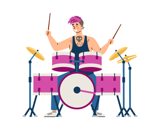 Baterista de banda de rock tocando música na bateria  Ilustração