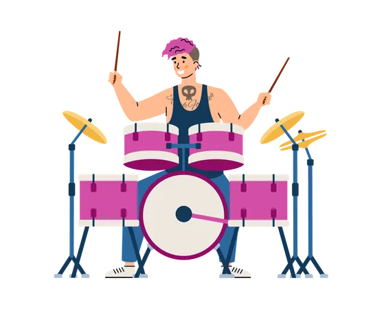 Baterista de banda de rock tocando música na bateria  Ilustração