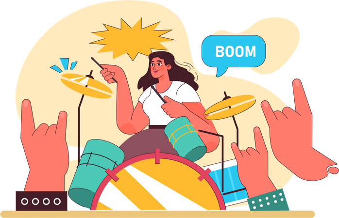 Baterista feminina tocando rock  Ilustração