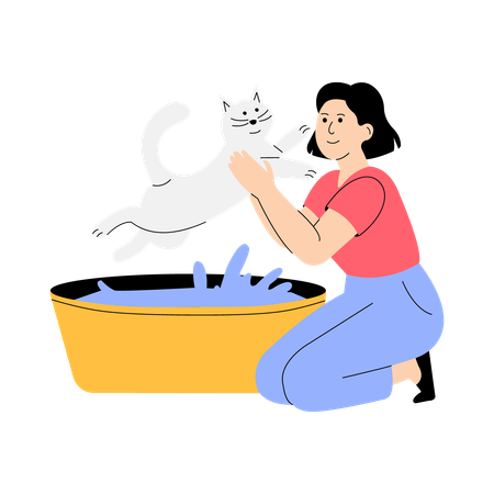 Bathing cat in tub  Illustration